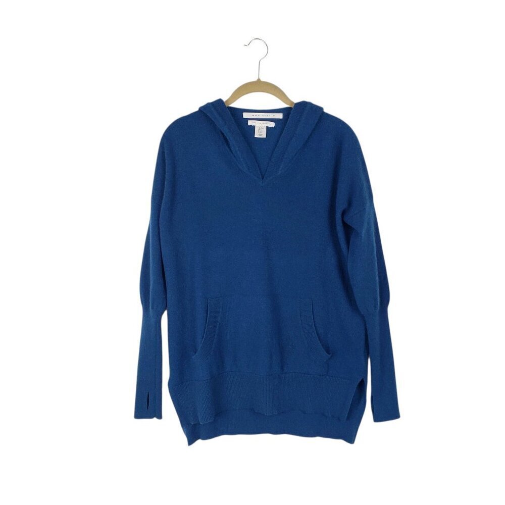 Max Studio 100% Cashmere Hooded Pullover Sweater Peacock Blue Womens Medium